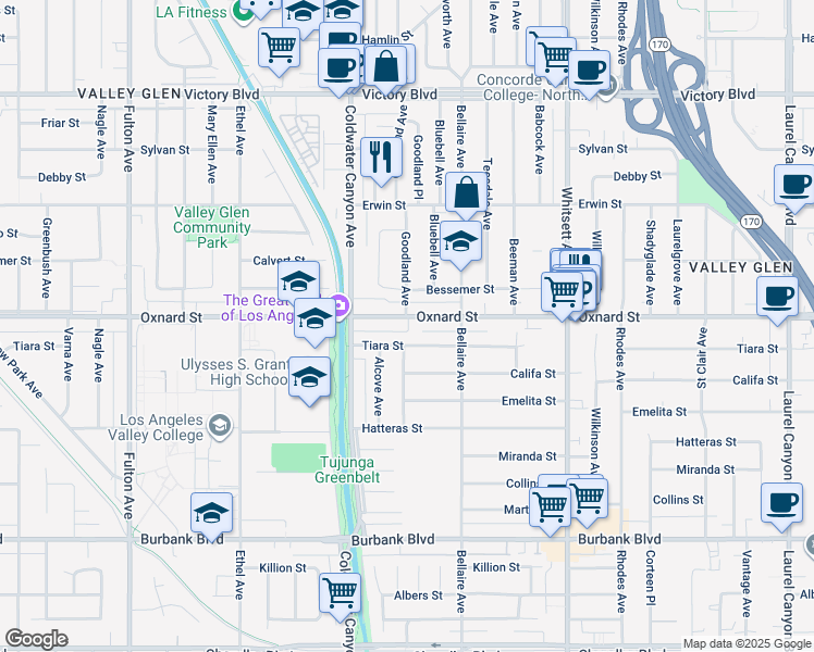 map of restaurants, bars, coffee shops, grocery stores, and more near 12758 Oxnard Street in Los Angeles