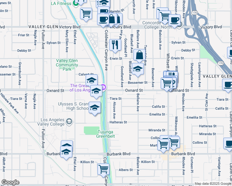map of restaurants, bars, coffee shops, grocery stores, and more near 12844 Oxnard Street in Los Angeles