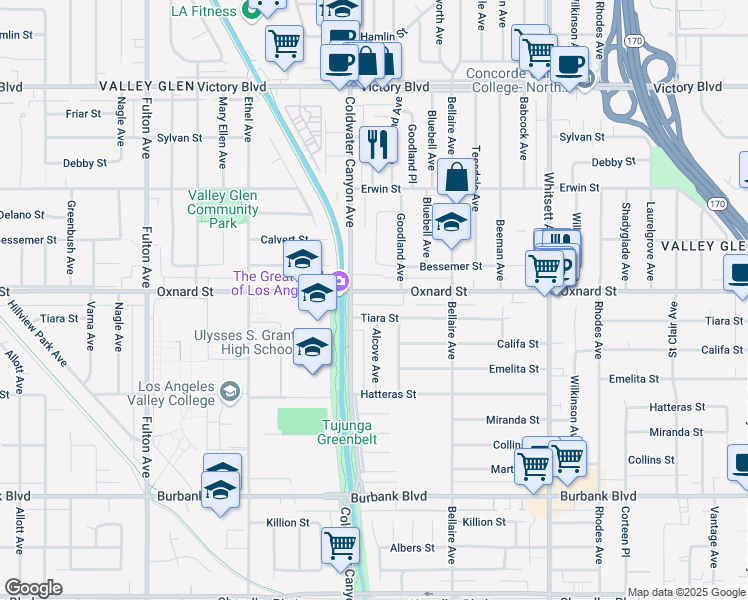 map of restaurants, bars, coffee shops, grocery stores, and more near 12844 Oxnard Street in Los Angeles