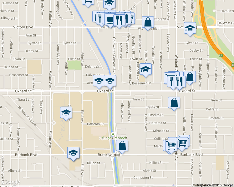 map of restaurants, bars, coffee shops, grocery stores, and more near 12844 Oxnard Street in Los Angeles