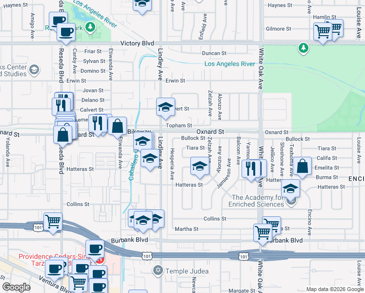 map of restaurants, bars, coffee shops, grocery stores, and more near 18005 Tiara Street in Los Angeles