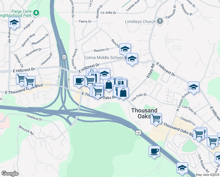 map of restaurants, bars, coffee shops, grocery stores, and more near 81 Maegan Place in Thousand Oaks