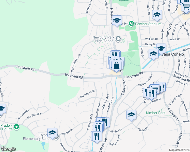 map of restaurants, bars, coffee shops, grocery stores, and more near 3898 Coronado Circle in Thousand Oaks
