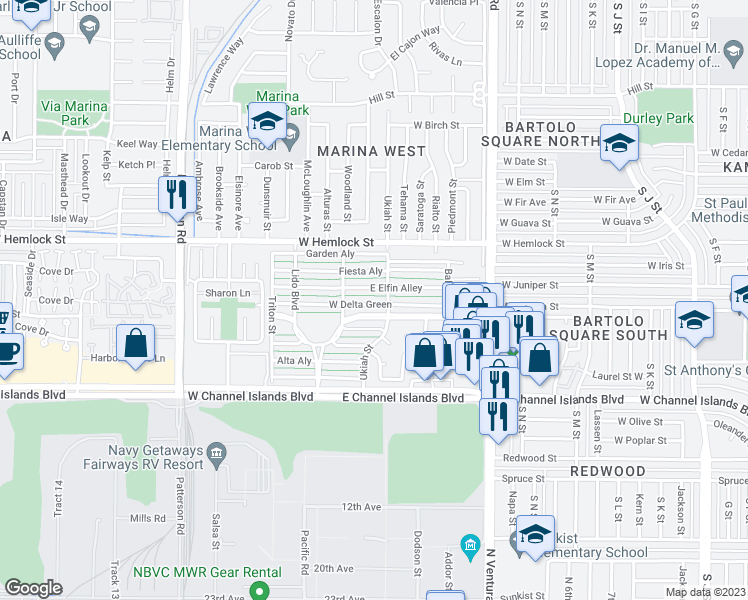 map of restaurants, bars, coffee shops, grocery stores, and more near 137 West Delta Green in Port Hueneme