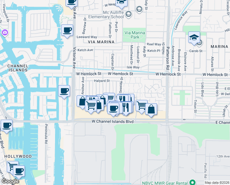 map of restaurants, bars, coffee shops, grocery stores, and more near 2573 Rudder Avenue in Port Hueneme