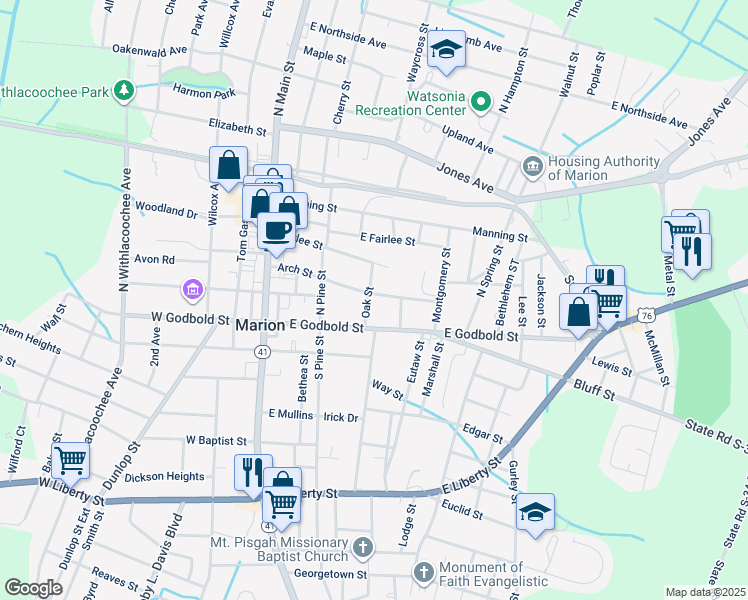 map of restaurants, bars, coffee shops, grocery stores, and more near 408 Arch Street in Marion