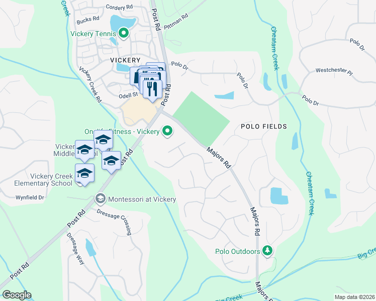 map of restaurants, bars, coffee shops, grocery stores, and more near 6500 Brookline Court in Cumming