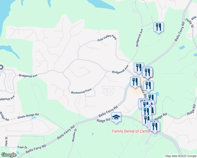 map of restaurants, bars, coffee shops, grocery stores, and more near 112 Birchwood Pass in Canton