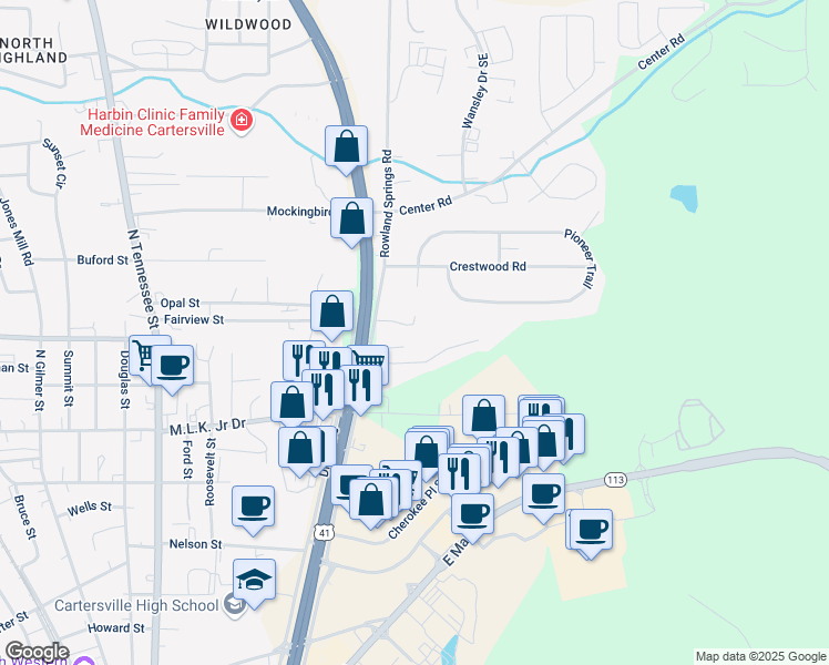 map of restaurants, bars, coffee shops, grocery stores, and more near 25 Corinth Road in Cartersville