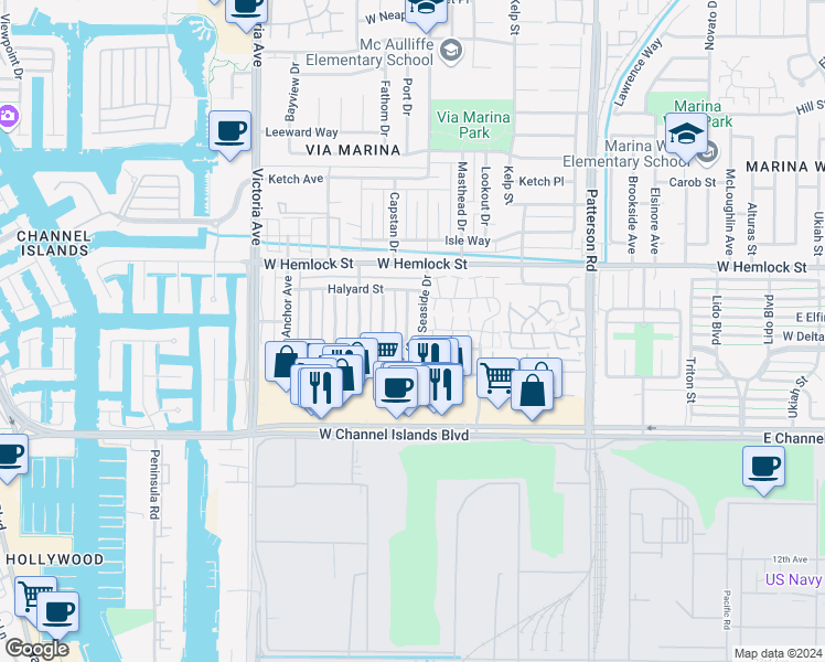 map of restaurants, bars, coffee shops, grocery stores, and more near 2572 Rudder Avenue in Port Hueneme