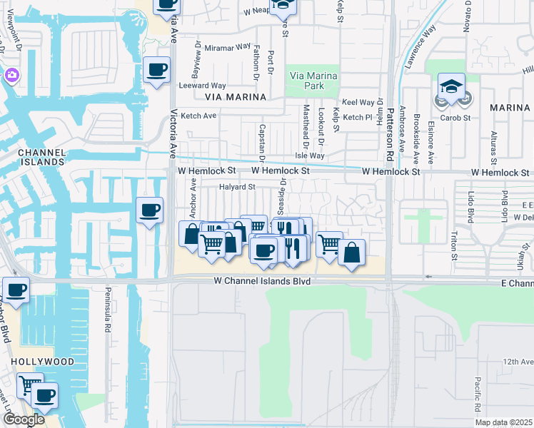 map of restaurants, bars, coffee shops, grocery stores, and more near 2571 Rudder Avenue in Port Hueneme