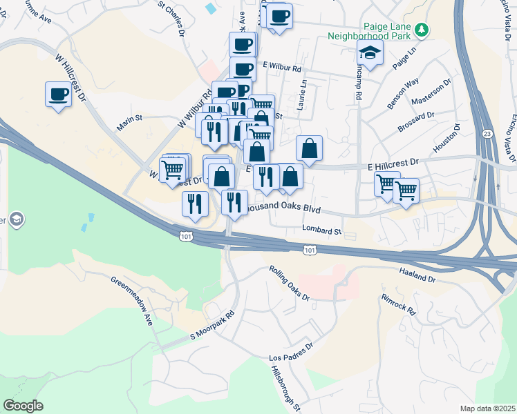 map of restaurants, bars, coffee shops, grocery stores, and more near 104 East Thousand Oaks Boulevard in Thousand Oaks