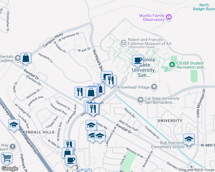 map of restaurants, bars, coffee shops, grocery stores, and more near 1775 Northpark Boulevard West in San Bernardino