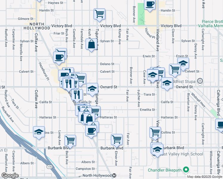 map of restaurants, bars, coffee shops, grocery stores, and more near 11304 Oxnard Street in Los Angeles