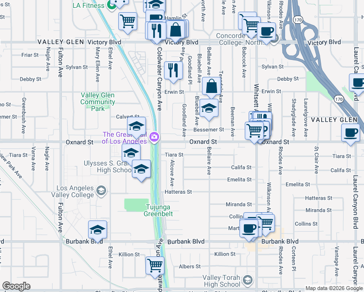 map of restaurants, bars, coffee shops, grocery stores, and more near 12806 Oxnard Street in Los Angeles