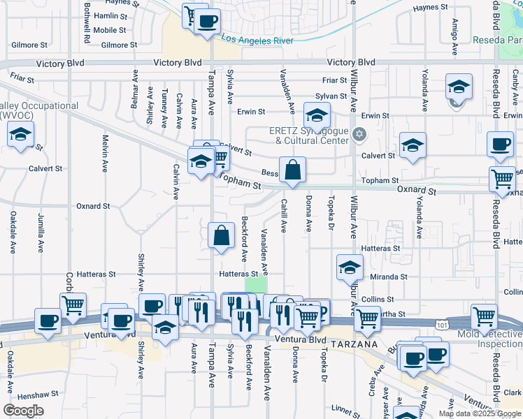 map of restaurants, bars, coffee shops, grocery stores, and more near 19148 Oxnard Street in Los Angeles