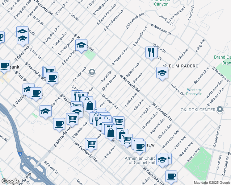 map of restaurants, bars, coffee shops, grocery stores, and more near 1230 Spazier Avenue in Glendale