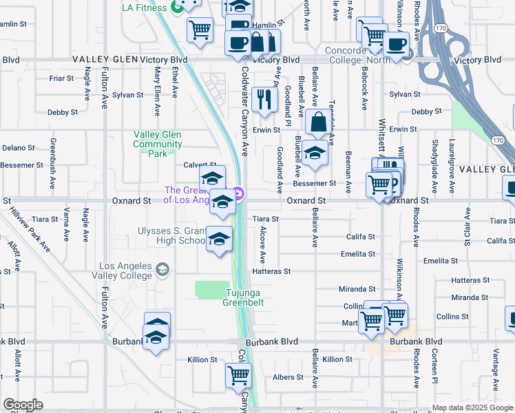 map of restaurants, bars, coffee shops, grocery stores, and more near 12844 Oxnard Street in Los Angeles