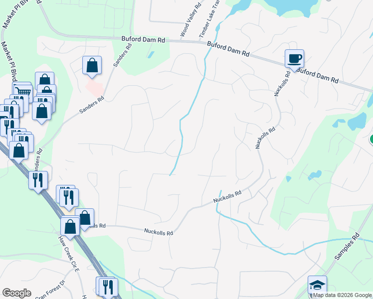 map of restaurants, bars, coffee shops, grocery stores, and more near 1260 Spring Oak Way in Cumming