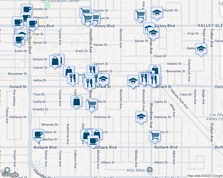map of restaurants, bars, coffee shops, grocery stores, and more near 13958 Oxnard Street in Los Angeles