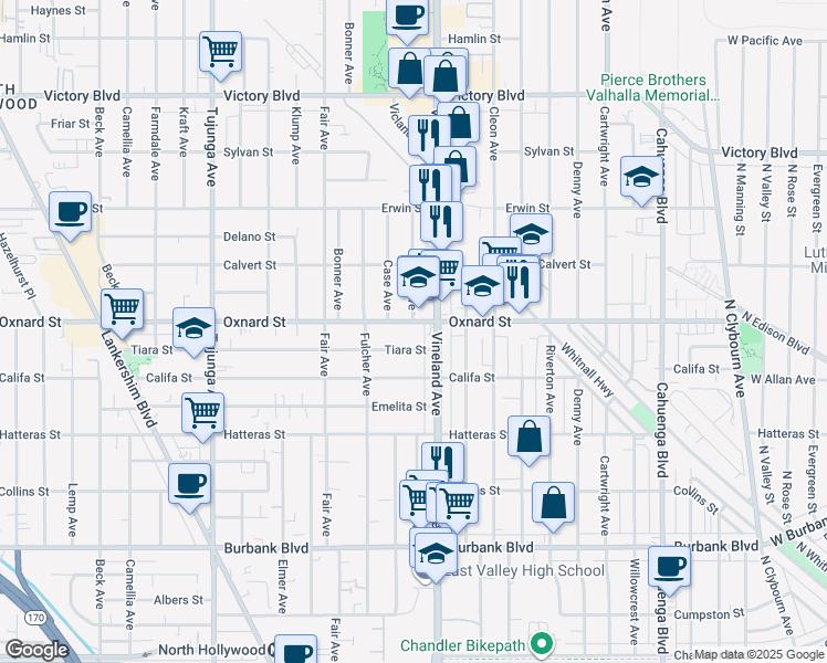 map of restaurants, bars, coffee shops, grocery stores, and more near 11020 Oxnard Street in Los Angeles