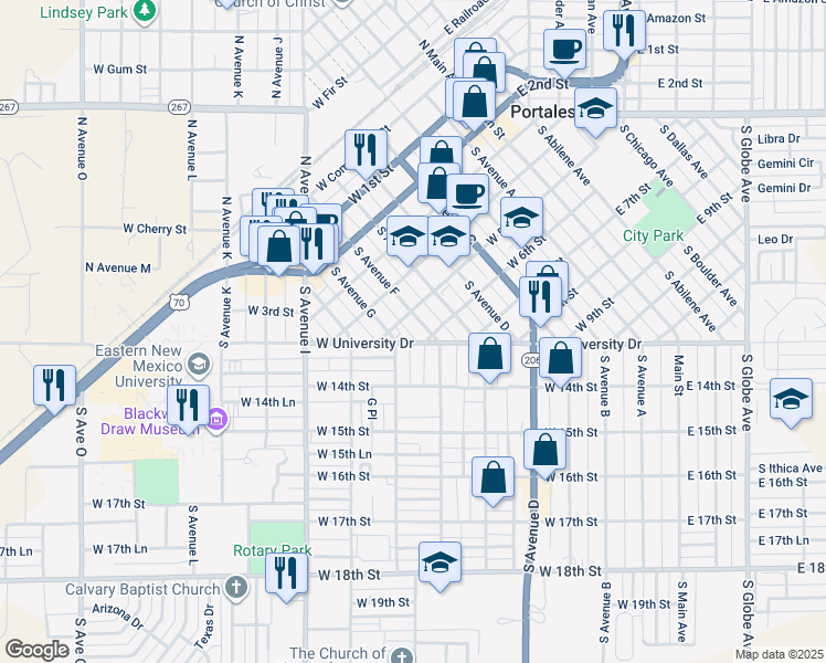map of restaurants, bars, coffee shops, grocery stores, and more near 621 West 6th Street in Portales