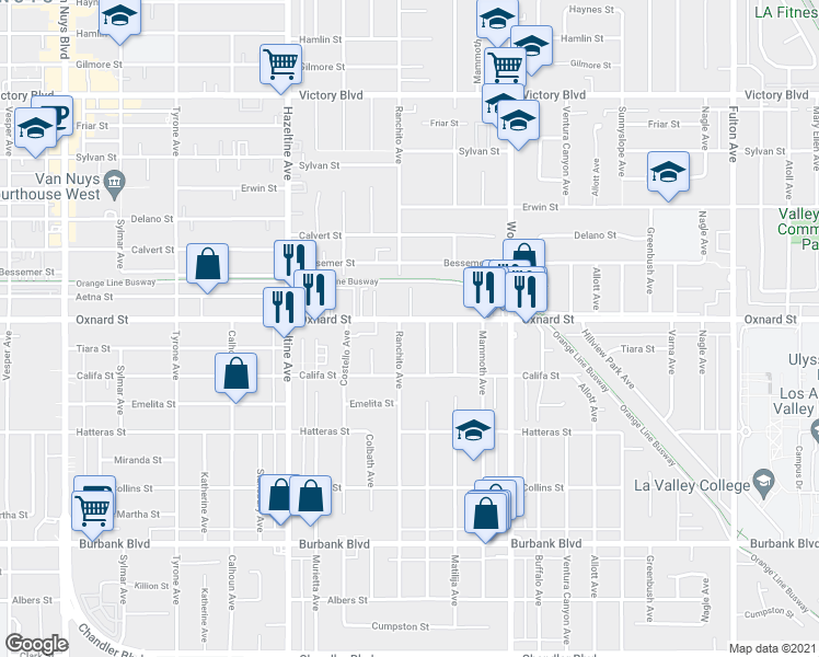 map of restaurants, bars, coffee shops, grocery stores, and more near 13850 Oxnard Street in Los Angeles