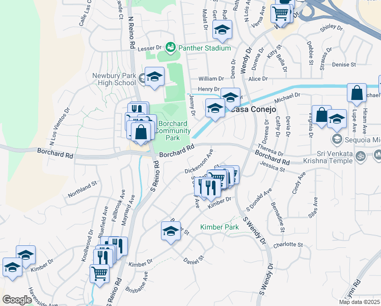 map of restaurants, bars, coffee shops, grocery stores, and more near 93 North Dewey Avenue in Thousand Oaks
