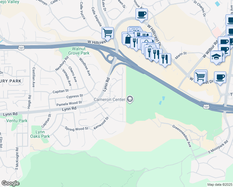 map of restaurants, bars, coffee shops, grocery stores, and more near 607 Westchester Lane in Thousand Oaks