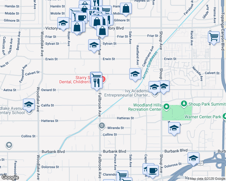 map of restaurants, bars, coffee shops, grocery stores, and more near 22718 West Oxnard Street in Los Angeles