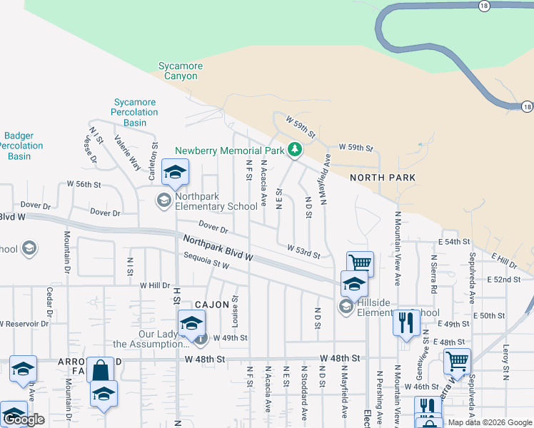 map of restaurants, bars, coffee shops, grocery stores, and more near 5465 Acacia Avenue in San Bernardino