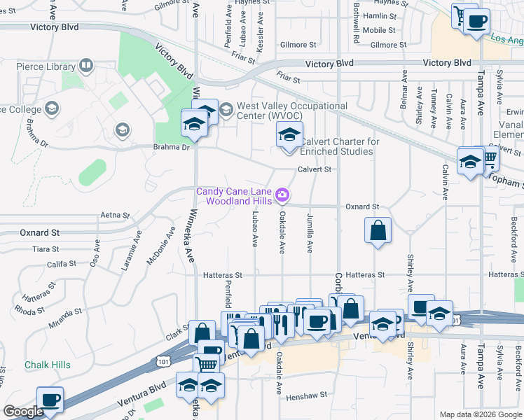 map of restaurants, bars, coffee shops, grocery stores, and more near 5952 Lubao Avenue in Los Angeles