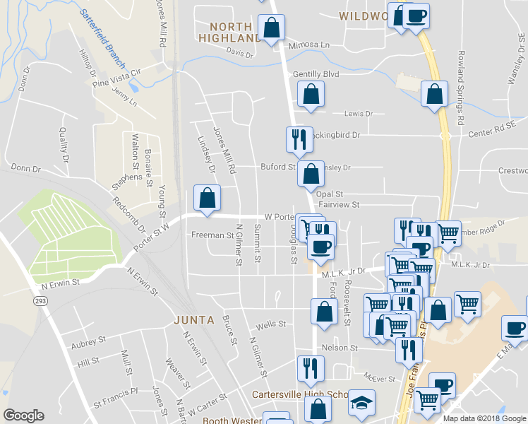 map of restaurants, bars, coffee shops, grocery stores, and more near 204 West Porter Street in Cartersville