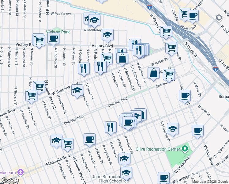 map of restaurants, bars, coffee shops, grocery stores, and more near 830 North Reese Place in Burbank