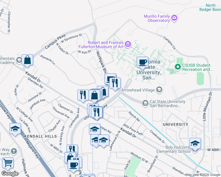 map of restaurants, bars, coffee shops, grocery stores, and more near 1775 Northpark Boulevard West in San Bernardino