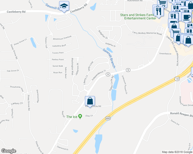 map of restaurants, bars, coffee shops, grocery stores, and more near 1540 Independence Tr in Cumming