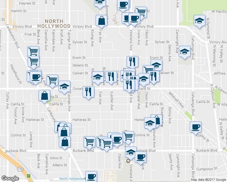 map of restaurants, bars, coffee shops, grocery stores, and more near 11058 Oxnard Street in Los Angeles