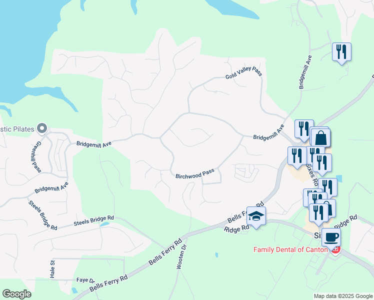 map of restaurants, bars, coffee shops, grocery stores, and more near 168 Birchwood Pass in Canton