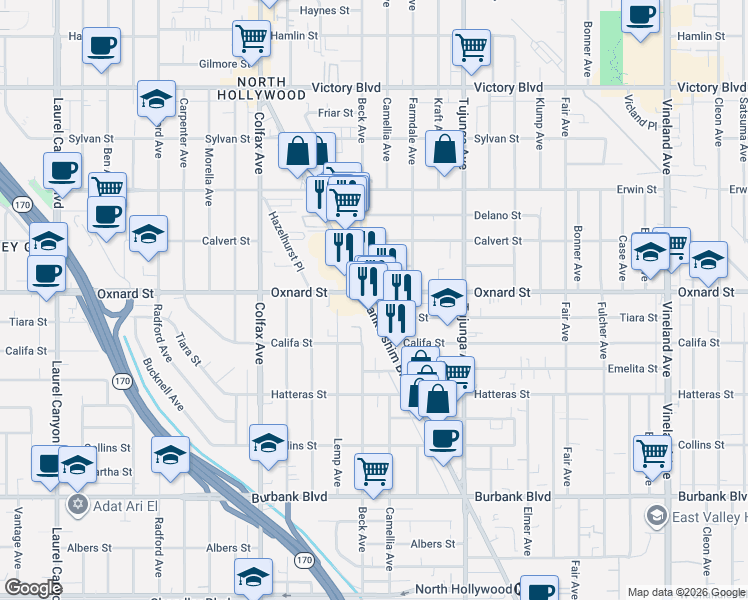 map of restaurants, bars, coffee shops, grocery stores, and more near 5958 Lankershim Boulevard in Los Angeles