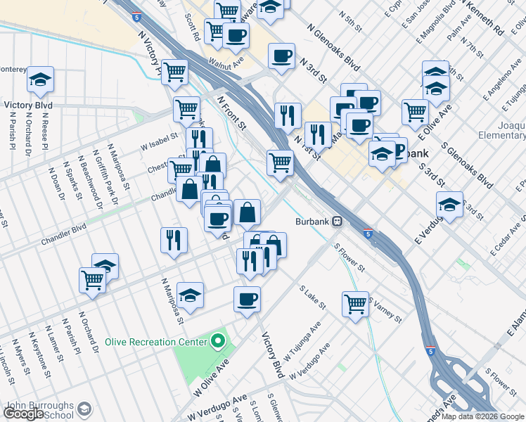 map of restaurants, bars, coffee shops, grocery stores, and more near 410 North Moss Street in Burbank