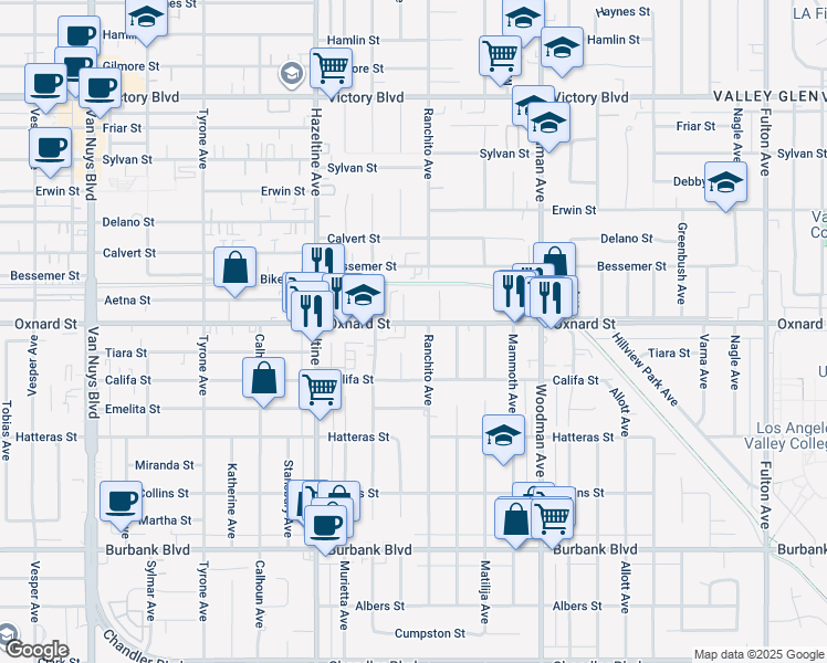 map of restaurants, bars, coffee shops, grocery stores, and more near 13912 Oxnard Street in Los Angeles