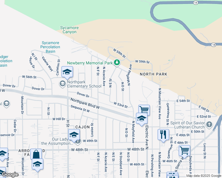 map of restaurants, bars, coffee shops, grocery stores, and more near 5495 North E Street in San Bernardino