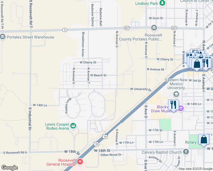 map of restaurants, bars, coffee shops, grocery stores, and more near 1802 West University Drive in Portales