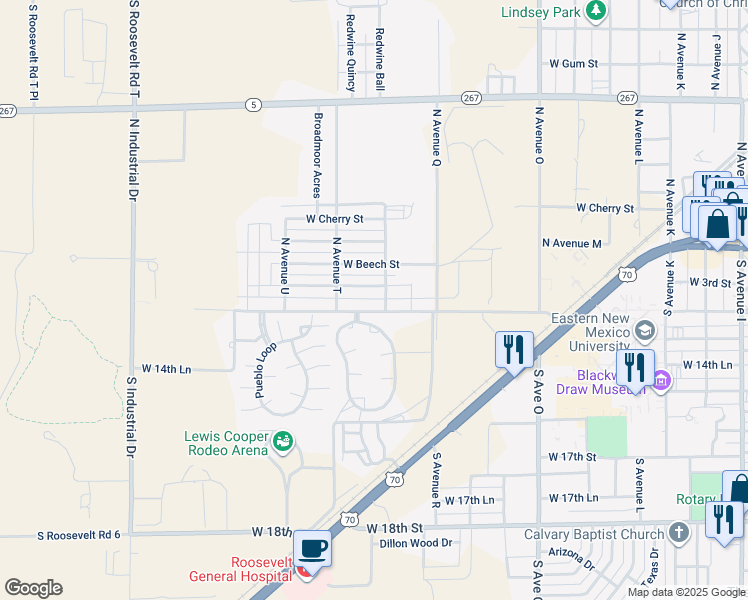 map of restaurants, bars, coffee shops, grocery stores, and more near 1904 West University Drive in Portales