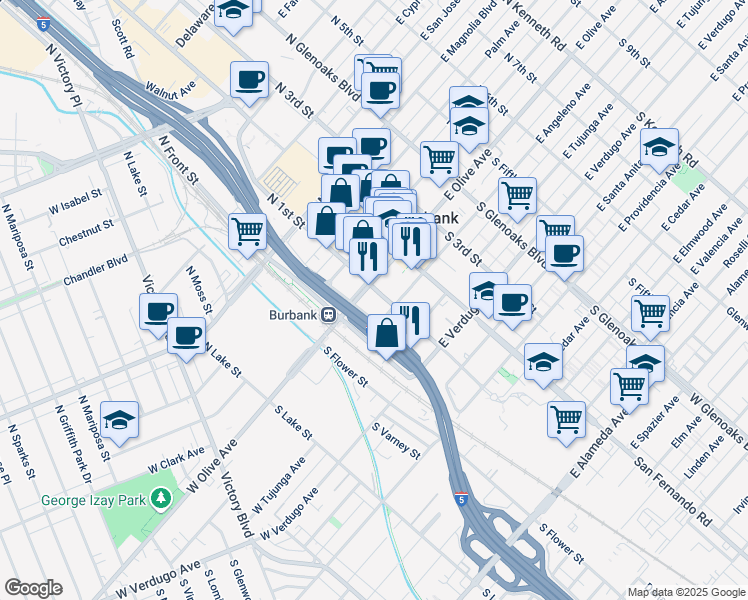 map of restaurants, bars, coffee shops, grocery stores, and more near 107 South First Street in Burbank
