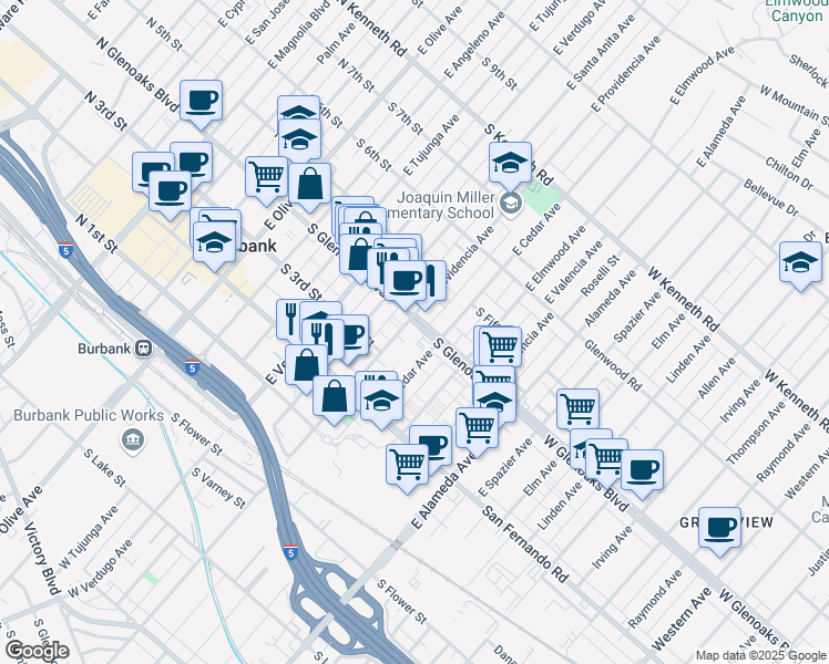 map of restaurants, bars, coffee shops, grocery stores, and more near 337 East Providencia Avenue in Burbank