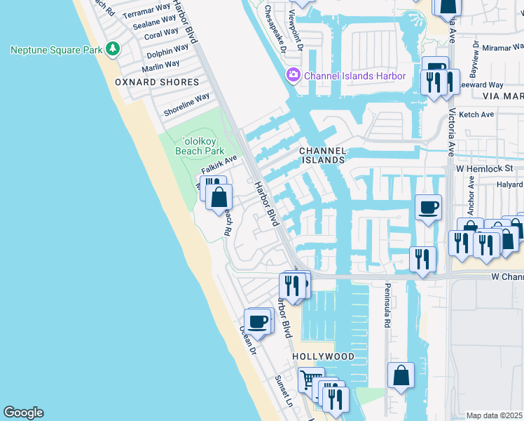 map of restaurants, bars, coffee shops, grocery stores, and more near 2151 Martinique Lane in Oxnard
