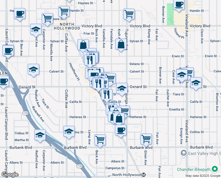 map of restaurants, bars, coffee shops, grocery stores, and more near 11470 Oxnard Street in Los Angeles