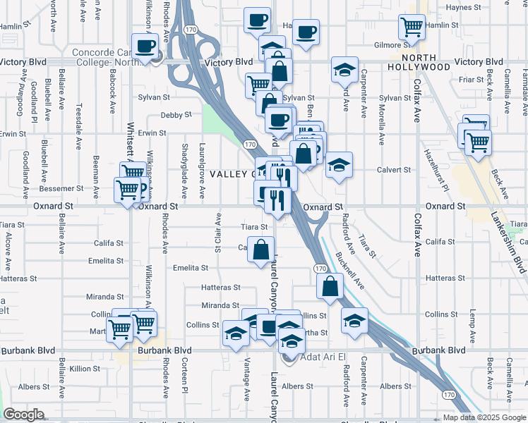 map of restaurants, bars, coffee shops, grocery stores, and more near 5961 Laurel Canyon Boulevard in Los Angeles