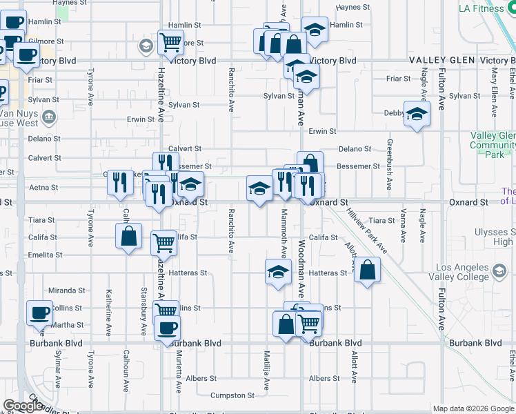 map of restaurants, bars, coffee shops, grocery stores, and more near 13812 Oxnard Street in Los Angeles